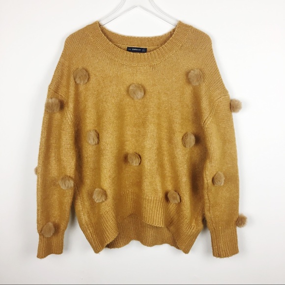 Zara Sweaters - Zara | Oversized Mustard Pom Pom Knit Sweater